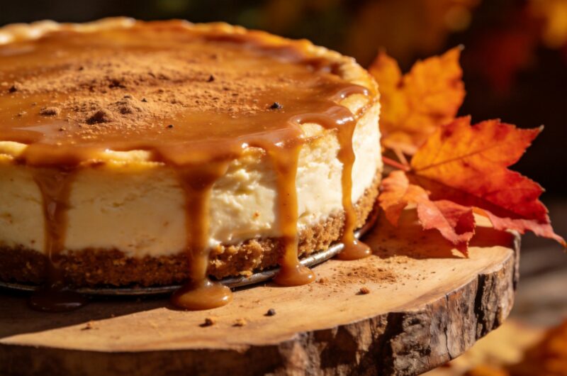 Baked Apple Cider Cheesecake With Caramel Drizzle